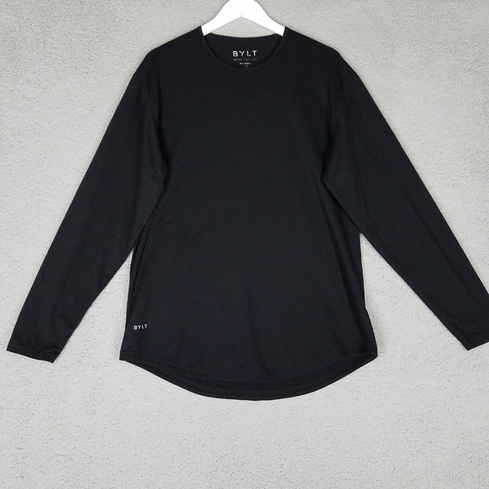 Bylt Men's Large Shirt Drop Cut Black Long Sleeves Gym Casual Stretch Comfort